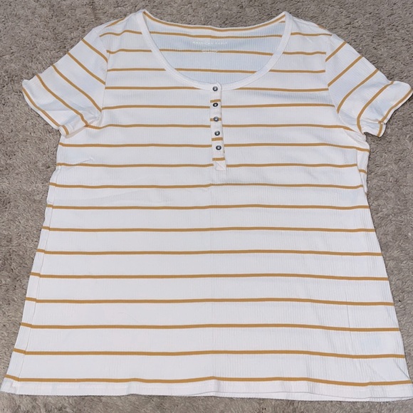 American Eagle Short Sleeve Super Soft Yellow Striped Cream Henley Top - Sz.Med - Picture 1 of 5